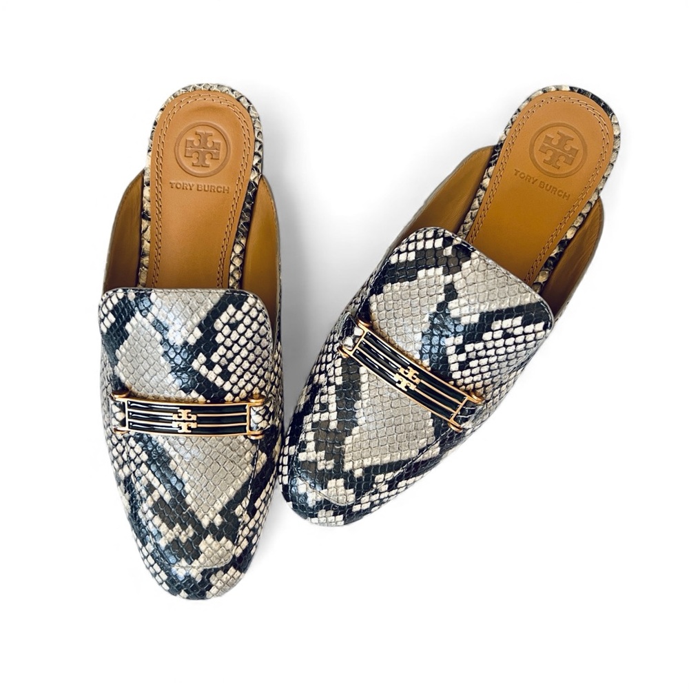 New TORY BURCH Snake Printed Leather Loafers Amelia Backless Stamped Sz 5.